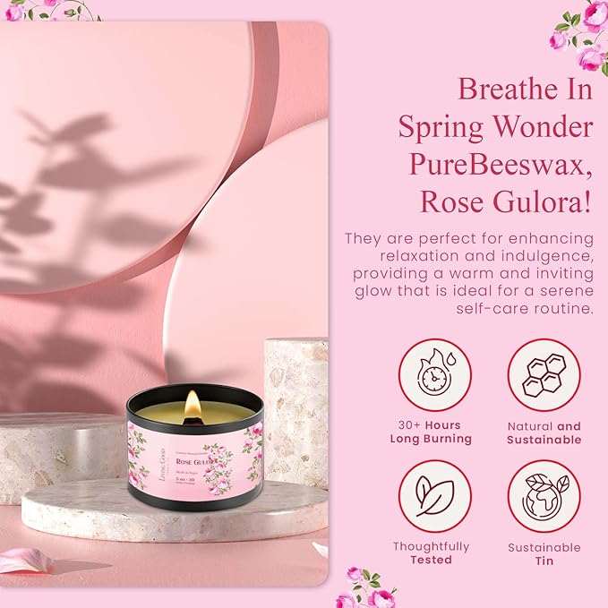 Rose Gulora Pure Beeswax Candle Tin - 30+ Hours Long Burning Classically Designed Non-Toxic Scented Candles for Home Decor and Aromatherapy to Stress & Anxiety Relief with Natural Fragrance - 5 oz