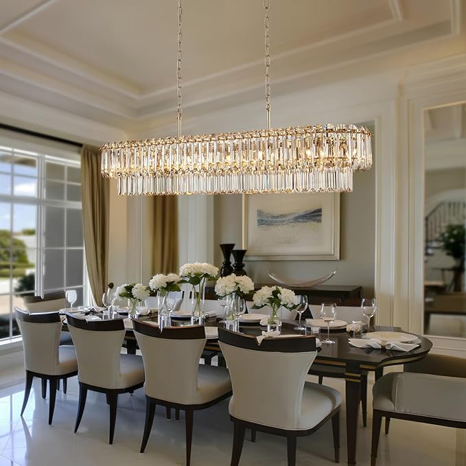 L50in Gold Crystal Chandeliers 20-Light Modern Chandeliers for Dining Room Large Rectangle Luxury Pendant Light Fixture for Kitchen Island,Entryway,Living Room