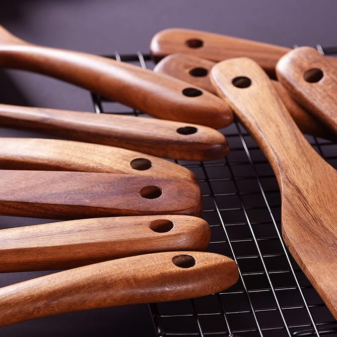 Wooden Spoons for Cooking,GUDAMAYE 10 PCS Wooden Kitchen Utensils Set,Wooden Cooking Utensils For Non-stick Pan,Teak Wood Utensils Set,Spurtles Kitchen Tools As Seen On Tv