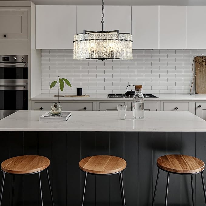 Modern Chandeliers for Dining Room,20" Black Luxury Water Ripple Glass Bedroom Light Fixture,5-Light Glass Pendant Lights Kitchen Island for Living Room,Foyer