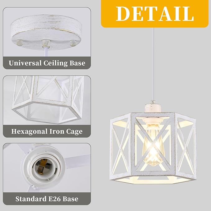 2 Pack Pendant Lights for Kitchen Island, Modern Pendant Lighting with White Hexagonal Cage, Vintage Metal Ceiling Lights, Adjustable Lantern Hanging Light Fixture for Foyer Entryway Bedroom
