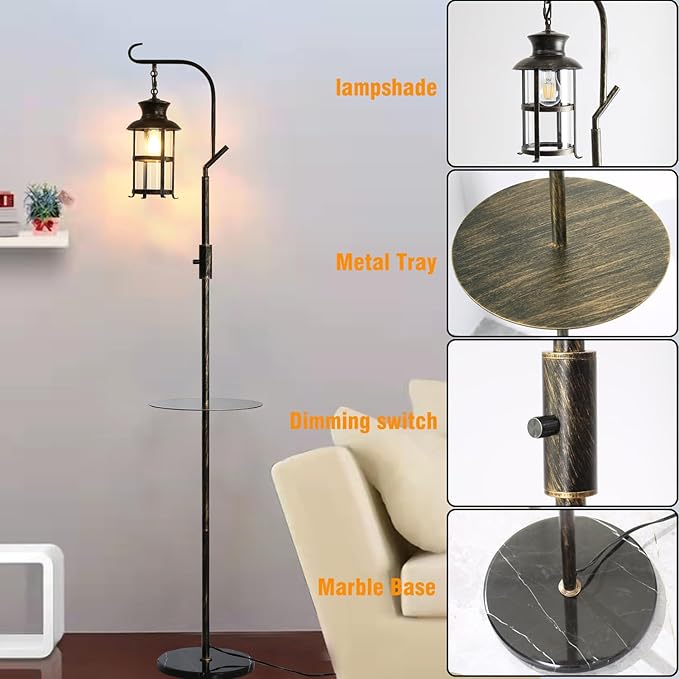 Vintage Dimmable Floor Lamp with matel Table,Classical Lanterns Standing Lamp, Rustic Farmhouse Floor Lamp with Black and Bronze Finish, for Living Room Bedroom