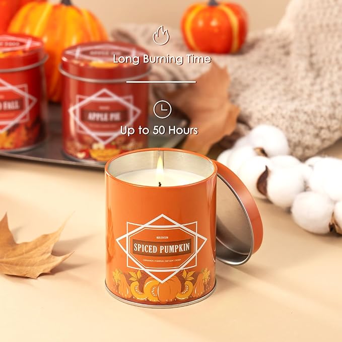 Pumpkin Spice Fall Scented Candle ā 9 oz Soy Wax in Travel-Friendly Reusable Tin, Non-Toxic & Clean Burning, 50-Hour Burn ā Cozy Autumn Fragrance, Holiday Gift & Fall Decor for Women & Men
