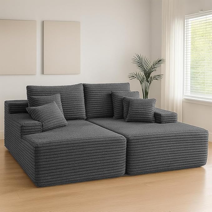 Chaise Lounge Chair, Sofa Couches for Living Room, Oversized Upholstered Sleeper Indoor, Cloud Sofa Bed Indoor Deep Seat, No Assembly Required Corduroy, Double Seat Gray