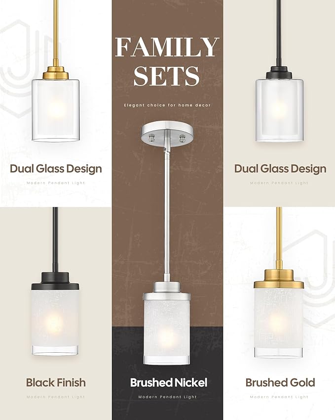 TENGXIN Modern Pendant Light for Kitchen Island, Brushed Nickel Hanging Ceiling Light Fixture,Farmhouse Pendant Lighting for Dining Room Bedroom Bar Office,TXPLBN01