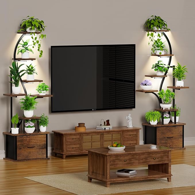 Plant Stand Indoor with Grow Lights - 8 Tiered Lighted Plant Shelf Indoor with Drawer, 65" Large Plant Stand for Indoor Plants Multiple, Metal Tall Plant Flower Holder for Home, Living Room, Patio