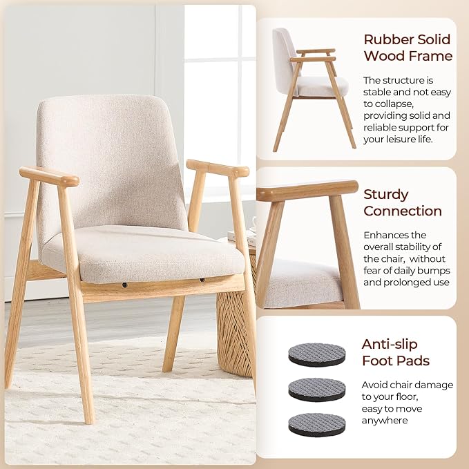 Mid Century Modern Living Room Accent Chair Comfy Reading Armchair with Solid Wood Legs, Soft Seat, Line Fabric for Bedroom, Office, Vanity