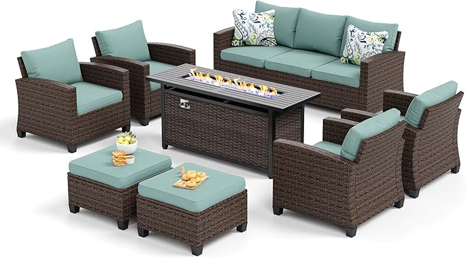 Patio Furniture Set Outdoor Furniture Brown Wicker Rattan Patio Conversation Sets with Cushion Outside Sofa Set,7 Pieces with Rectangular Firepit Table,9 Seats,Blue
