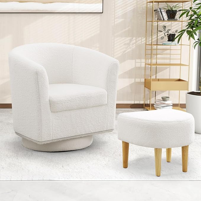 DAZONE Sherpa Swivel Accent Chair with Ottoman, Fluffy Teddy Barrel Chair Set, Comfy Upholstered Armchair for Living Room, Bedroom, Reading Nook, White