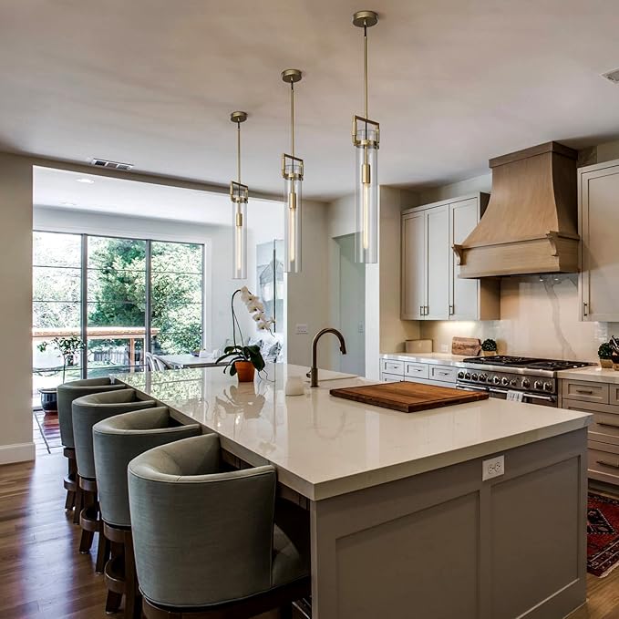 Modern Large Gold Pendant Light Fixture Set of 2-21.6 Inch Adjustable Hanging Chandelier with Glass Shade & Brass Finish, Farmhouse Island Lighting for Kitchen, Dining Room, Bathroom