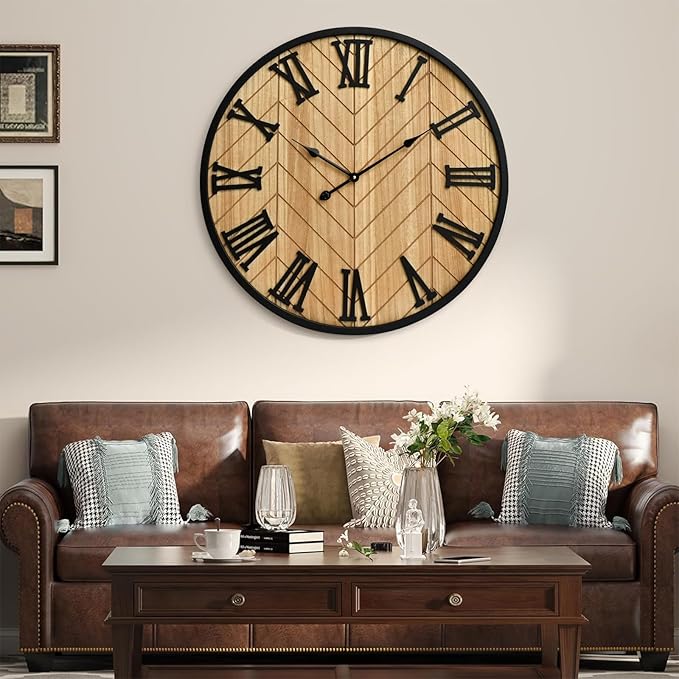 30 Inch Large Wall Clock Farmhouse Style - Brown Silent Non-Ticking Rustic Decor for Living Room, Kitchen, Bedroom