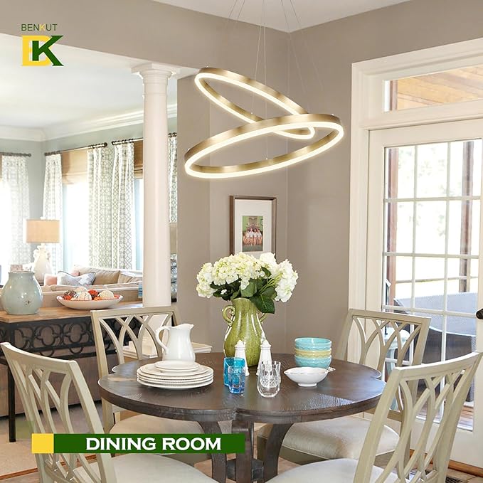 2-Rings Modern LED Chandelier Gold for Dining Room, Circular Flush Mount Ceiling Chandelier Light Dimmable Pendant Light with Remote Control for Living Room Entrance Foyer, 3000K-6500K