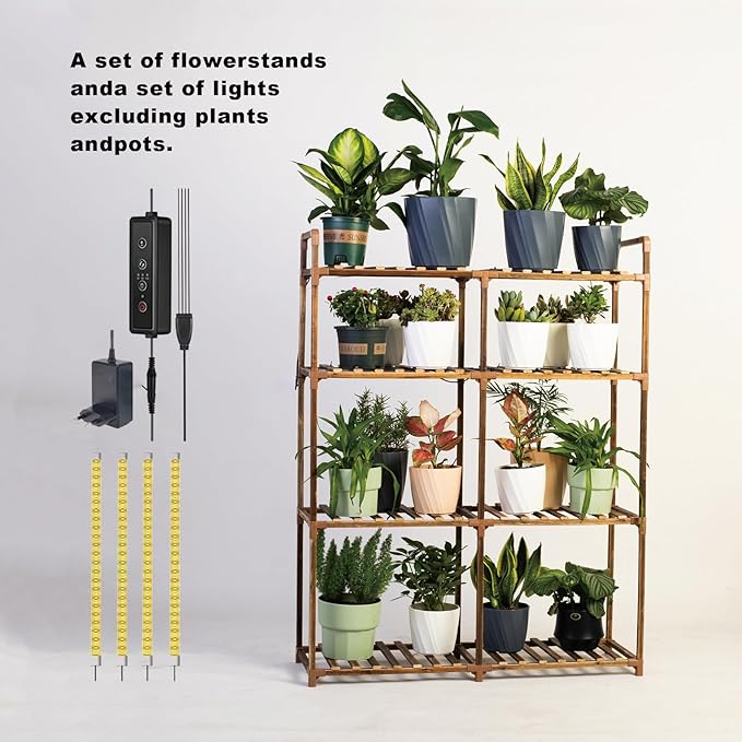 4-Tier Wooden Plant Stand with LED Grow Lights - Adjustable Shelf for Indoor Plants, Living Room, Balcony - Dimmable & Space-Saving (Plants Not Included)