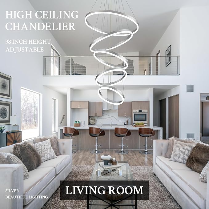 Modern LED Chandelier for Foyer Dimmable Silver High Ceiling Chandeliers Foyer with Remote Control for Entryway Dining Room Living Room Staircase, 3000K-6500K(5-Rings D23.6’’)