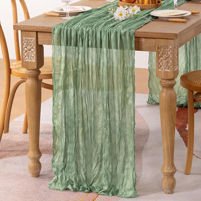 MLMC Sage Green Table Runner 10ft Rustic Gauze Fall Cheesecloth Table Runner Sage Cheese Cloth Centerpiece Decor 35x120 Inches for Boho Wedding Bridal Shower Birthday Party Decor
