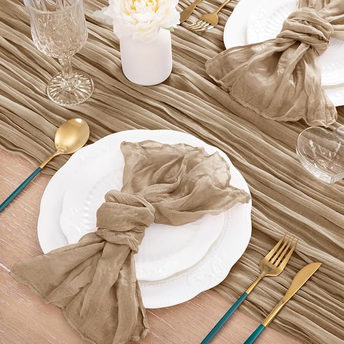 MLMC 12 Pack Nude Cheesecloth Table Runner 10ft Boho Rustic Gauze Taupe Cheese Cloth Table Runner Neutral Fall Decor 35x120 Inches for Reception Wedding Bridal Shower Party Decor
