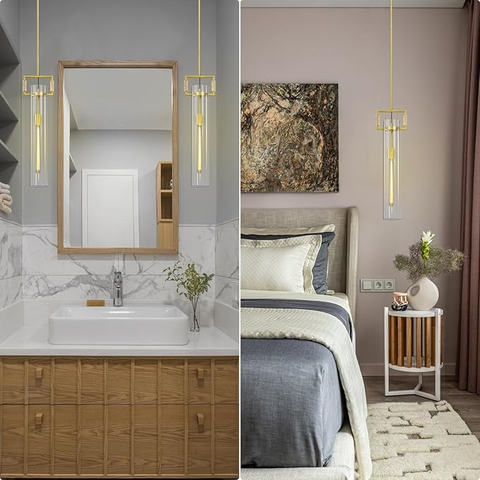 Brass Pendant Lights,Modern Glass Pendant Lights Kitchen Island,21.6'' Farmhouse Gold Kitchen Pendant Lighting Over Island for Dining Table,Bathroom,Bedroom,Included E26 Bulb