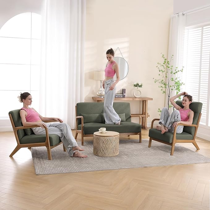 INZOY Mid Century Modern Accent Chair with Wood Frame, Upholstered Living Room Chairs with Waist Cushion, Reading Armchair for Bedroom Sunroom (Green)