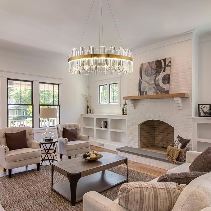 23.6" Dimmable Modern LED Crystal Chandeliers,Gold Chandelier Light Fixture, 3 Colors Contemporary Pendant Ceiling Light for Dining Room Living Room Kitchen Island Entryway Foyer ,With Remote Control