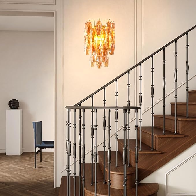 Brass Wall Sconce, 2-Light Amber Glass Sconce Wall Lighting, Gold Wall Light Vanity Light for Bathroom, Wall Lamp for Living Room, Bedroom,Vanity, Stairs, Hallway, Farmhouse