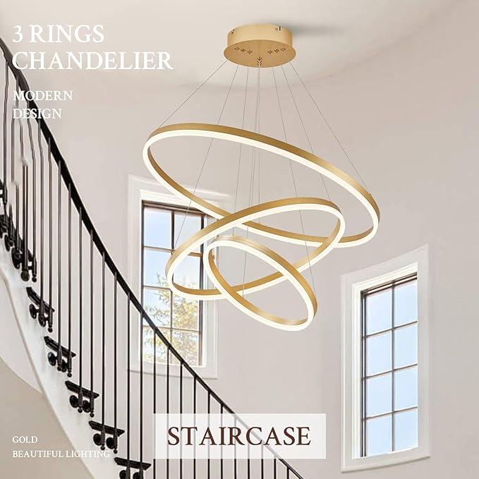 3-Rings Modern LED Chandelier Gold, Dimmable Pendant Lighting with Remote Control Circular Flush Mount High Ceiling Light for Living Room Dining Room Foyer, 3000K-6500K D31.5’’