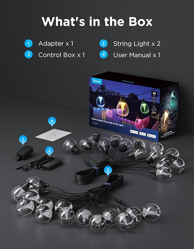 Govee Outdoor Clear Bulb String Lights, 96ft RGBWIC Outdoor Lights with 30 Dimmable Warm White LED Bulbs, 111 Scene Modes for Patio, Backyard, IP67 Waterproof, Works with Alexa, Google & Matter