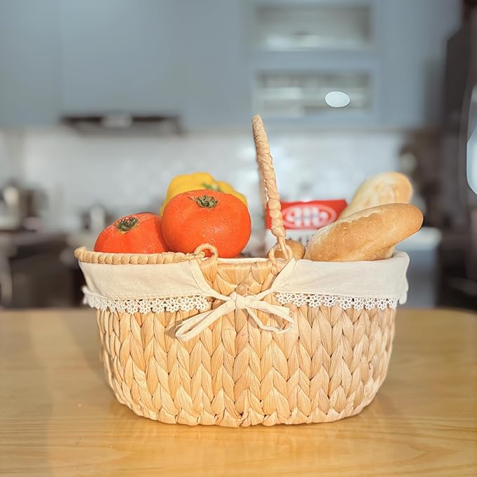 Wicker Basket with Handles and Lining, Handwoven Water Hyacinth Picnic Hamper, Oval Basket for Camping, Outdoor, Fruit, Wine, Thanksgiving day, Birthday, Easter, Gift, Home Decor