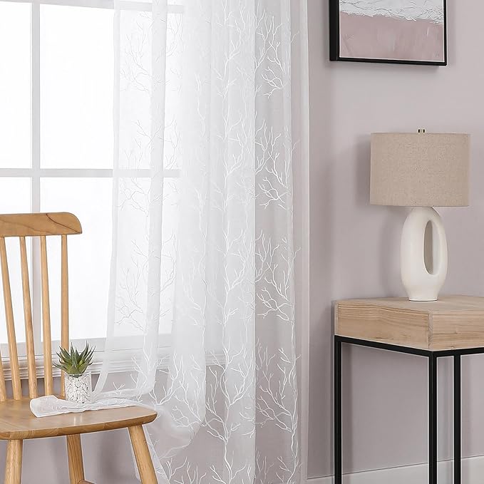 VISIONTEX Sheer Curtains 72 inch Length 2 Panels Set, Decorative White Coral Embroidery, Rod Pocket Embroidered Window Drapes for Living Room and Bedroom, 54" x 72"