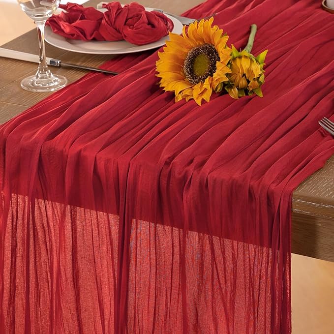 Red Cheesecloth Table Runner 4 Pack Fall Table Runners Boho Gauze 120 Inches Red Cheese Cloth Fall Table Decorations for Thanksgiving Weddings Bridal Baby Shower Candlelight Dinner Party