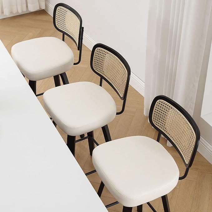 Swivel Counter Height Bar Stools Set of 4, Upholstered Faux Leather Barstools with Rattan Back, 26" Seat Height Bar Chairs Island Stools for Kitchen Counter, Black Wood Frame, Cream White