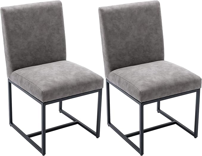 VESCASA Faux Leather Upholstered Dining Chairs with Black Metal Frame, Mid Century Modern Padded Kitchen Chair with Adjustable Foot Pads for Restaurant, Dining Room, Set of 2, Light Grey