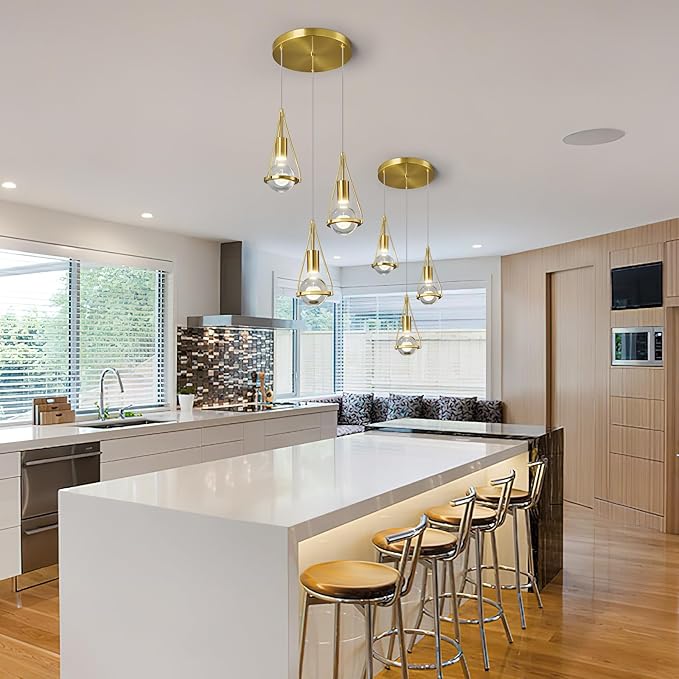 Gold Dandelion Pendant Light in Brushed Brass Finish, 3-Light Modern Crystal Kitchen Island Pendant Lighting Dimmable LED Hanging Ceiling Light Fixture for Bathroom Bedroom