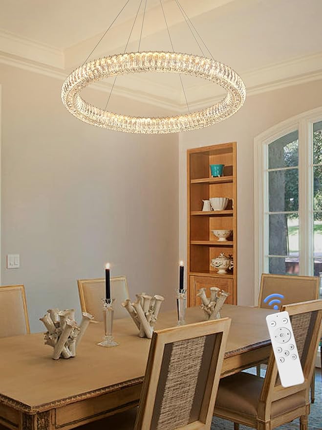 Modern Gold Round Crystal Chandelier Dimmable LED 31.5" Ring Pendant Light Ceiling Fixtures for Dining Room Living Room
