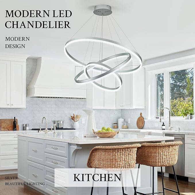 3-Rings Modern LED Chandelier Silver, Dimmable Pendant Lighting with Remote Control Circular Flush Mount High Ceiling Light for Living Room Dining Room Foyer, 3000K-6500K D31.5’’