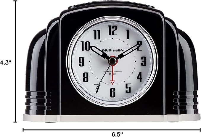 Crosley Vintage Art Deco Analog Alarm Clock, Quiet Sweep Non-Ticking, Automatic Dimmable Smart Light, Simple Controls, (Black)