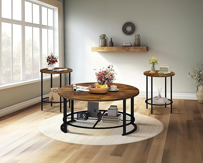 Recaceik Round Coffee Table and End Table Set of 3 with Storage, Modern Vintage Dark Brown Coffee Table and Side Table for Living Room, Office, Apartment, Small Space