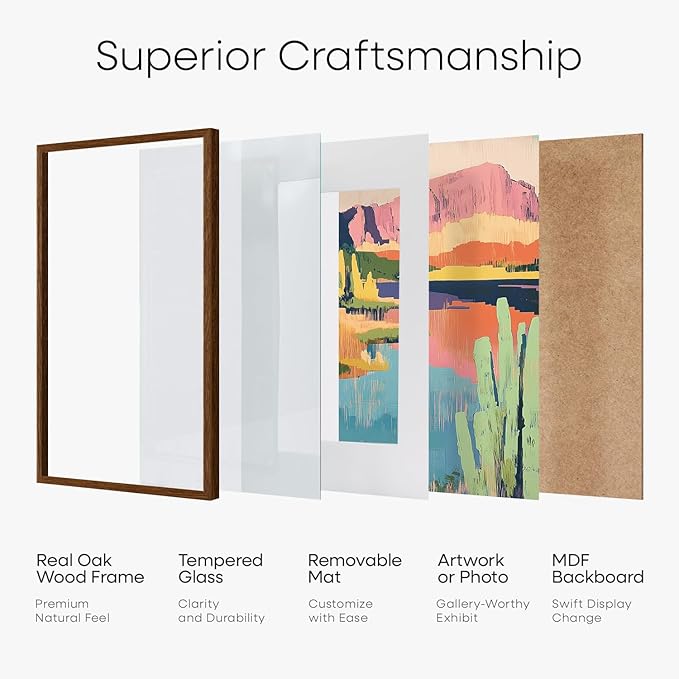 Homeforia 8x8 Picture Frame Brown, High-End Dark Oak 8 x 8 Square Brown Wood Frame with Mat 6 by 6 for Art, 8by8 Wooden Walnut Poster Frame Matted to 6x6 inch Photo, Tempered Glass, Wall Kit, Set of 1