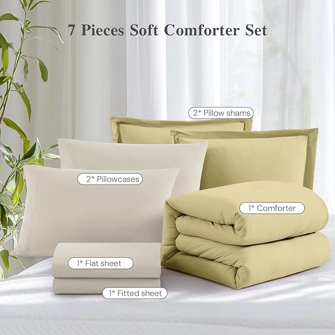 WRENSONGE King Comforter Set, 7 Pieces Hemp Soft Bed in a Bag King with Fitted Sheet, Flat Sheet, 2 Pillow Shams, and 2 Pillowcases- Warm Bedding Set for All Season
