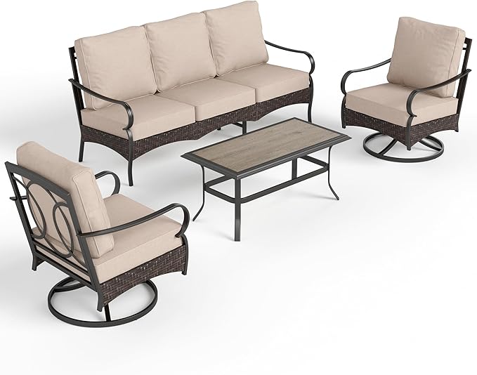 PHI VILLA Outdoor Modern Patio Furniture Set, Upgraded Wicker&Metal Patio Furniture Conversation Set with Waterproof Thick Cushions for Porch, Poolside, Deck, and Yard (4 Pieces,Beige)