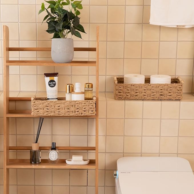 OIAHOMY Toilet Paper Baskets Handmade Paper Rope Decorative Wicker Storage Tank Shelf Cabinet Organizer for Bathroom Home, Set of 2, Yellow