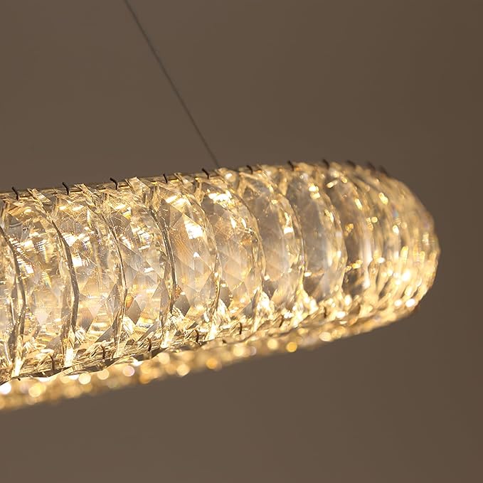 Oval Crystal Chandelier, 31.5'' Chrome Crystal Ring Pendant Light for Kitchen Island Modern Linear Oval Chandeliers for Dining Room Dimmable 3000K-6000K