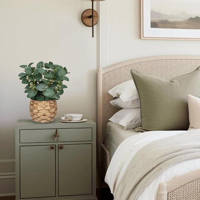 DILATATA Artificial Eucalyptus Stems in Woven Basket Planter, 11" Fake Plant Eucalyptus Leaves with White Seeds Faux Potted Plant Greenery for Table Centerpiece Office Indoor Home Decor