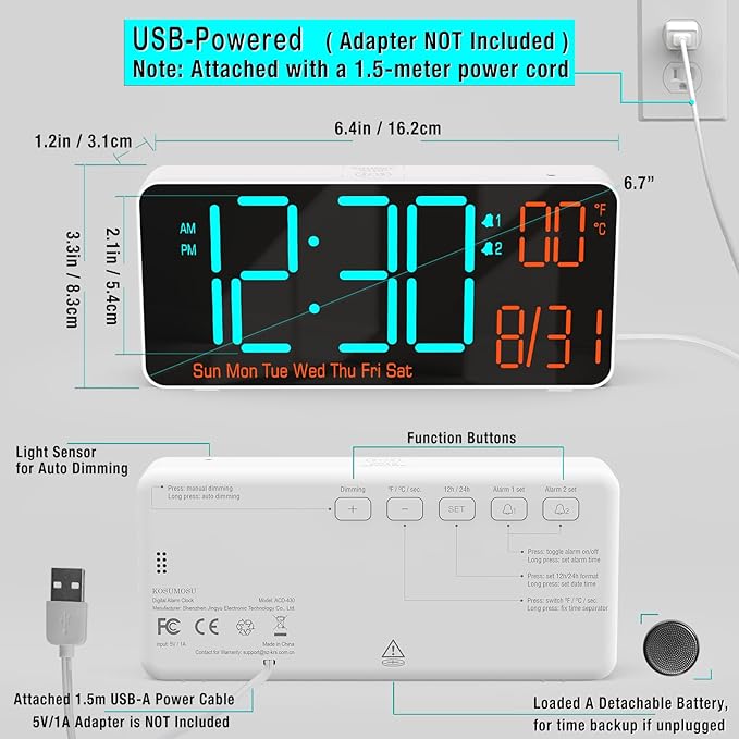 KOSUMOSU Small Digital Clock for Bedroom, 6.7in Desk Clock, Auto Dimming, Room Temperature, Day of The Week, Date, Seconds, Alarm Clocks for Bedrooms, Clocks for Living Room