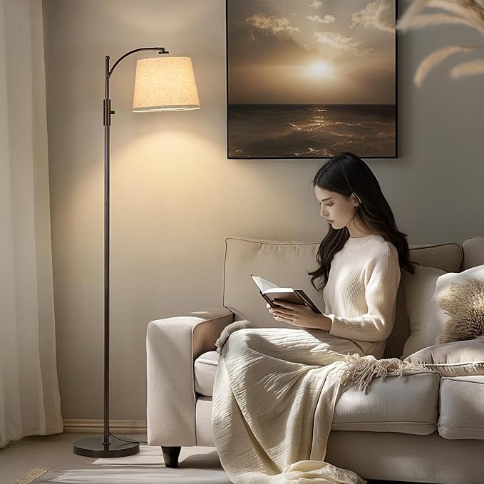 AIDENOEY Fully Dimmable Floor Lamp for Living Room,Standing Lamp Rotary Switch with Linen Beige Shade,Brown Tall Lamps for Bedroom with Adjust Head,9W LED Bulb Included