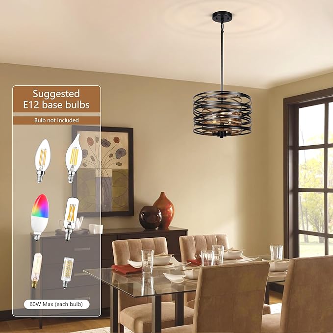 3-Light Dining Room Chandelier,12.6" Rustic Black Drum Chandeliers,Wood Grain and Vintage Light Fixture for Kitchen Entryway Living Room