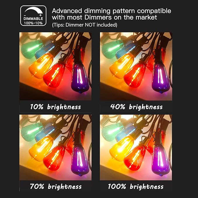 Achin Colored Outdoor String Lights 100Ft LED Multicolor Patio Lights with 55pcs ST38 Colorful Shatterproof Bulbs Rainbow String Lights for Bistro Christmas