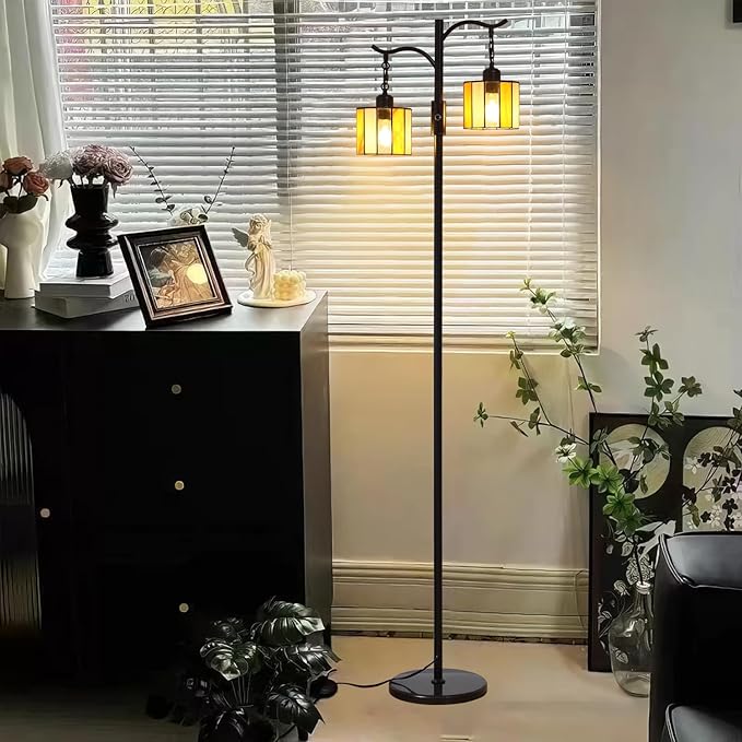Vintage Dimmable Floor Lamp, Tiffany Standing Lamp with 2 Stained Glass Shades, Rustic Farmhouse Floor Lamp with Black Finish for Living Room Bedroom