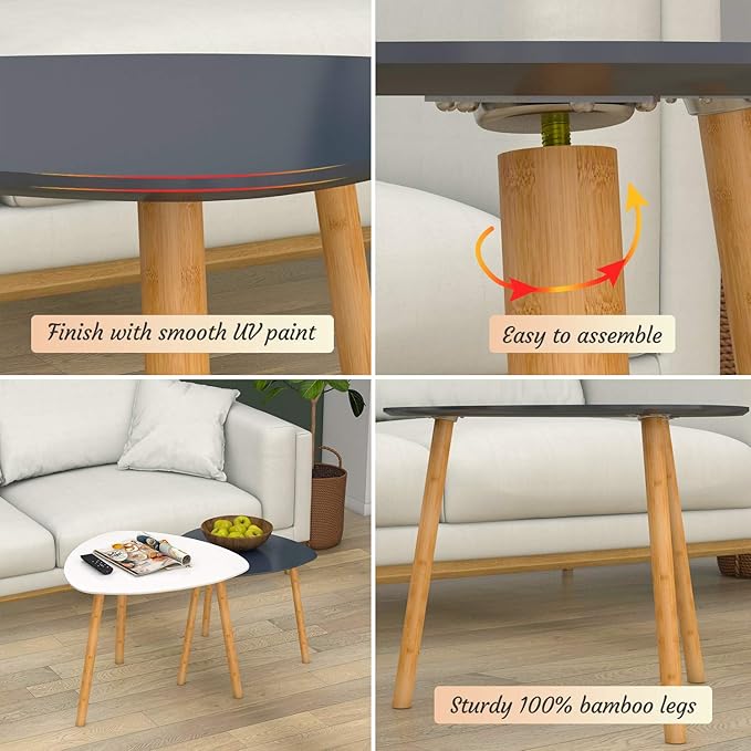 Bambloom Bamboo Nesting Coffee Tables - Small Coffee Table for Living Room, Set of 2 Triangle End Table Modern Side Table for Bedroom Apartment Balcony Yard Small Spaces, (White & Gray)