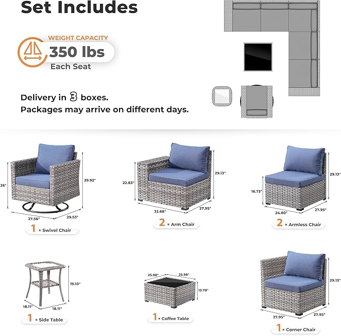 ovios 8 Pieces Patio Furniture Set, Outdoor Wicker Sectional Sofa with Swivel Chair Coffee Table, Modern Modular Deep Seat Rattan Couch Conversation Sets, Denim Blue