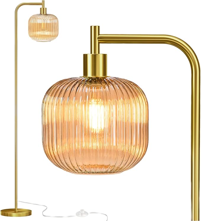 Glass Floor Lamp,67" Modern Standing Lamp with Amber Ribbed Glass Lampshade Metal Pole for Living Room, Bedroom, Office - Heavy Base,Pedal Switch(Include E26 Bulb)